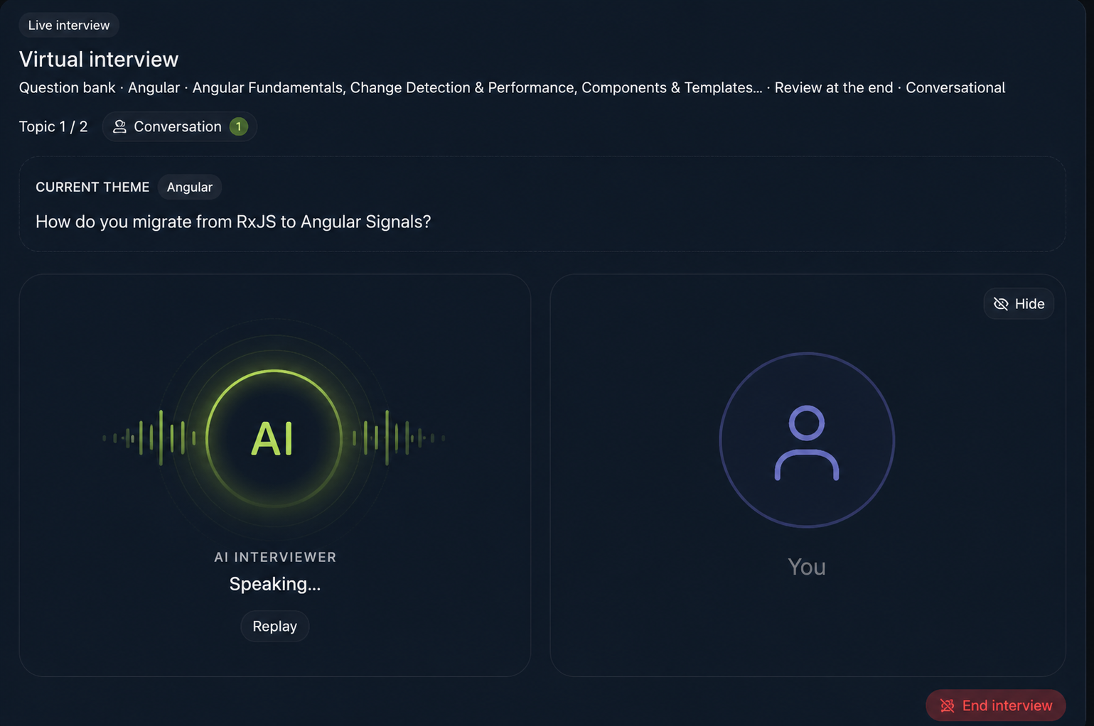 Virtual mock interview with live question, AI interviewer panel, and video feed